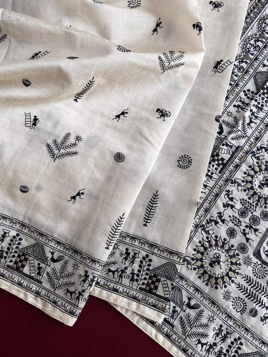 Beguiling Off White Embroidery Work Tussar Silk Saree With Glamorous Blouse Piece - Image 3