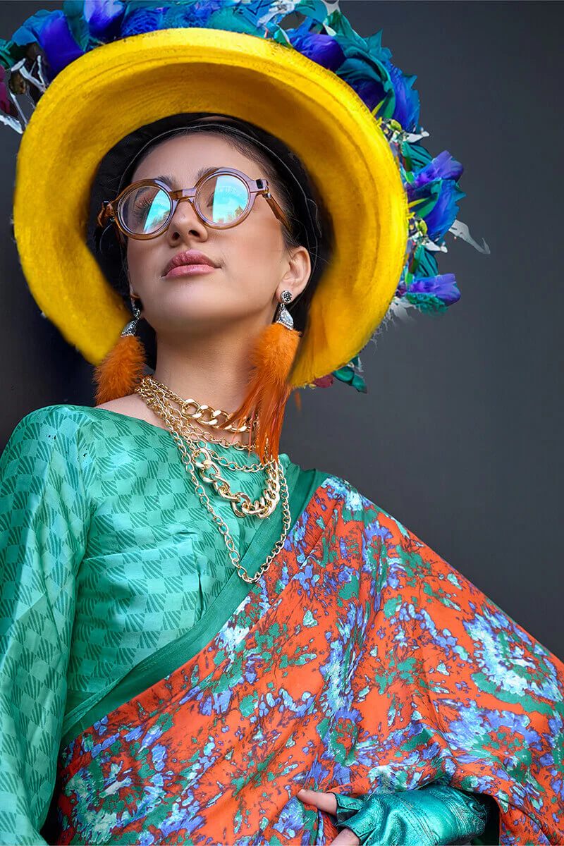 Beguiling Orange Digital Printed Satin Silk Saree With Embellished Blouse Piece - Image 2
