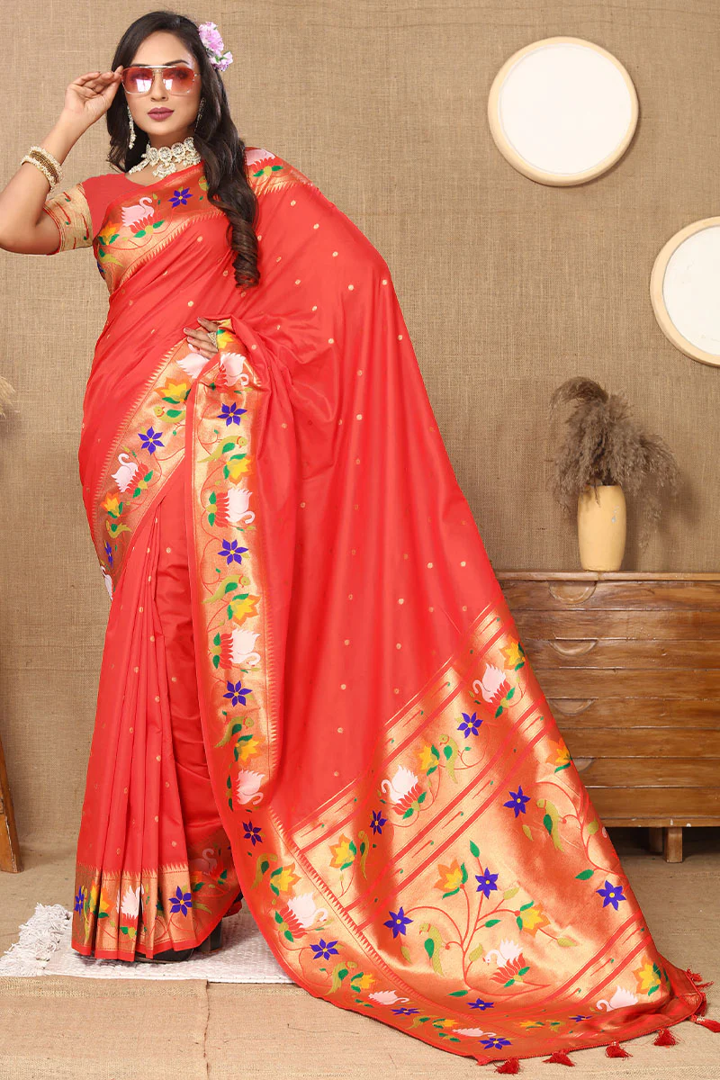Beguiling Red Paithani Silk Saree With Embellished Blouse Piece - Image 4