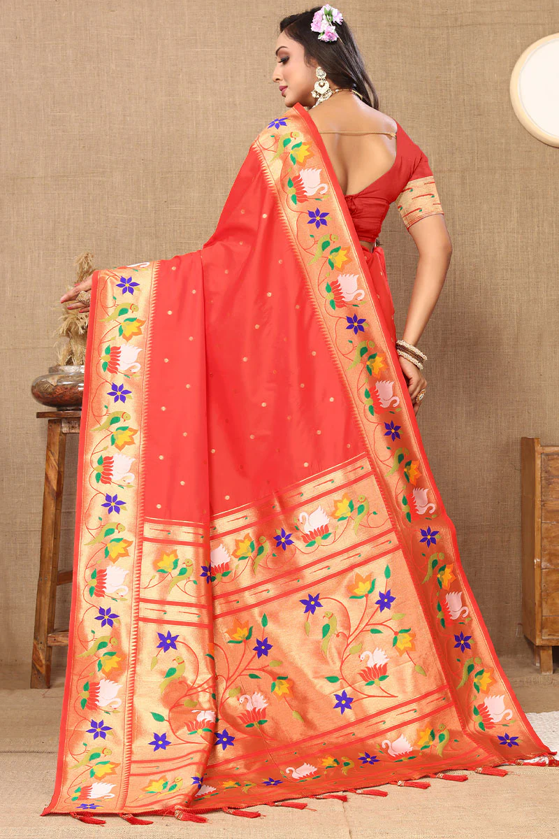 Beguiling Red Paithani Silk Saree With Embellished Blouse Piece - Image 5