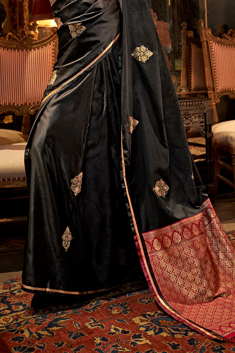Beleaguer Black Banarasi Satin Silk Saree With Fugacious Blouse - Image 4