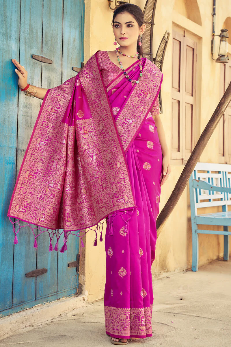 Beleaguer Dark Pink Soft Banarasi Silk Saree With Unique Blouse Piece - Image 4