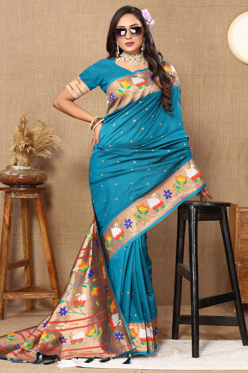 Beleaguer Firozi Paithani Silk Saree With Cynosure Blouse Piece - Image 3