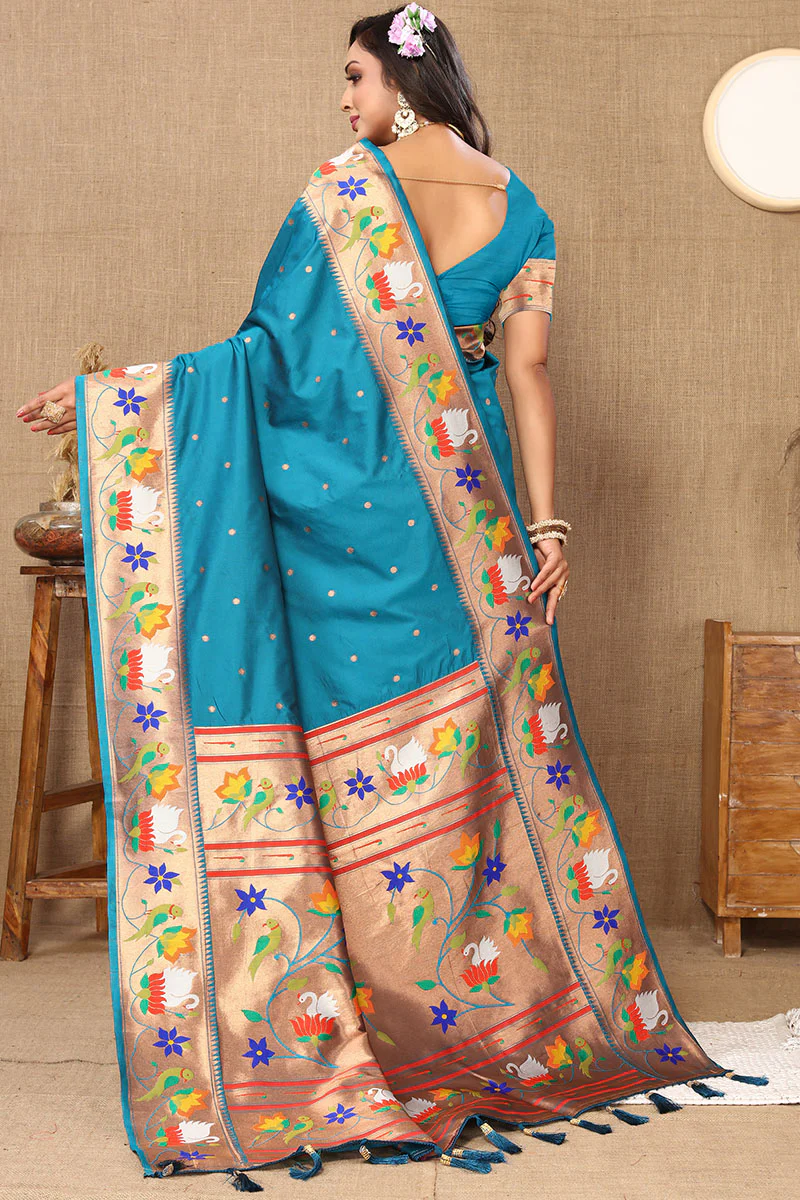Beleaguer Firozi Paithani Silk Saree With Cynosure Blouse Piece - Image 5