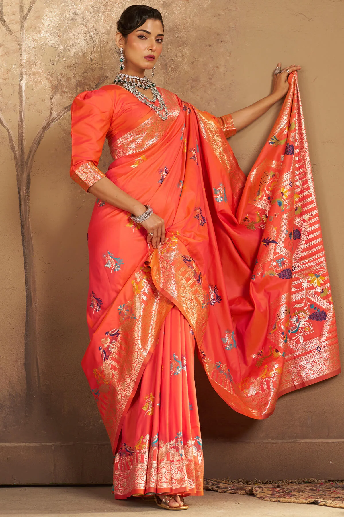 Beleaguer Peach Pure Zari Weaving Banarasi Silk Saree With Fancifull Blouse Piece - Image 3