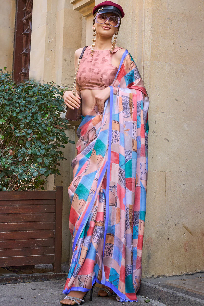 Beleaguer Pink Digital Printed Satin Silk Saree With Desuetude  Blouse Piece - Image 2