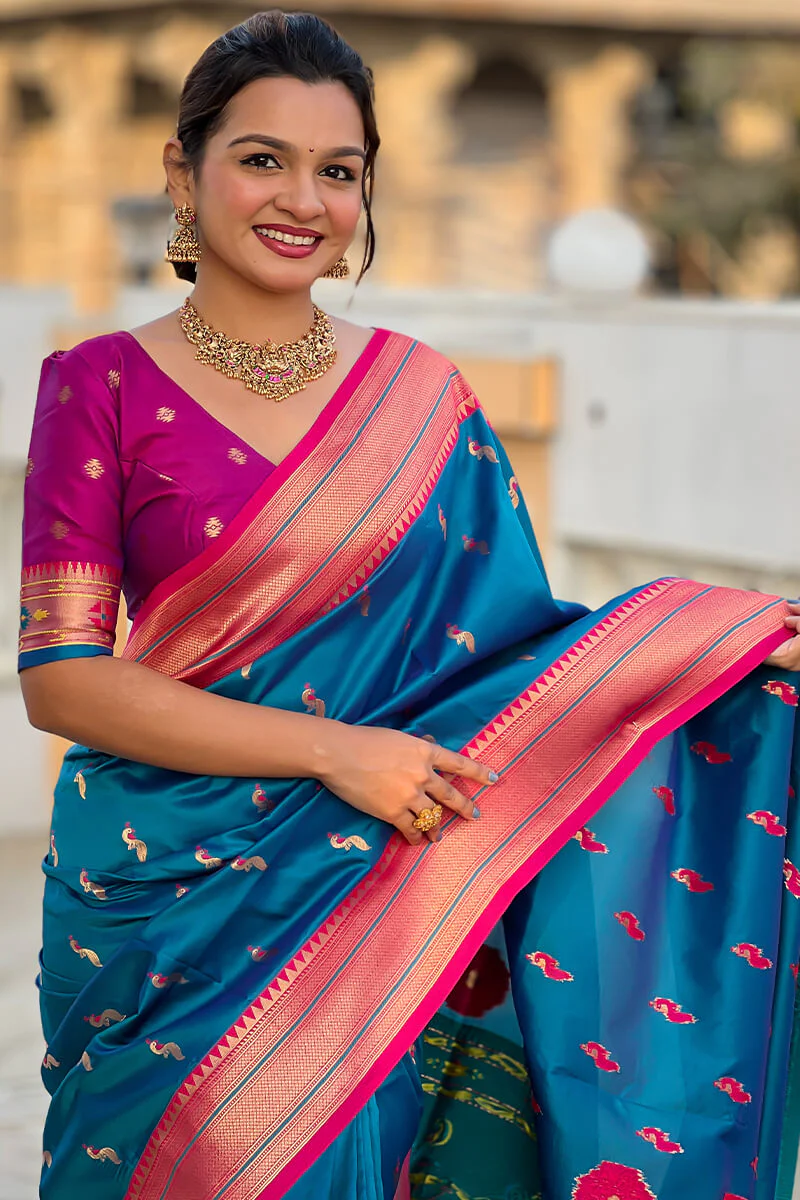 Beleaguer Rama Paithani Silk Saree With Conflate Blouse Piece - Image 6