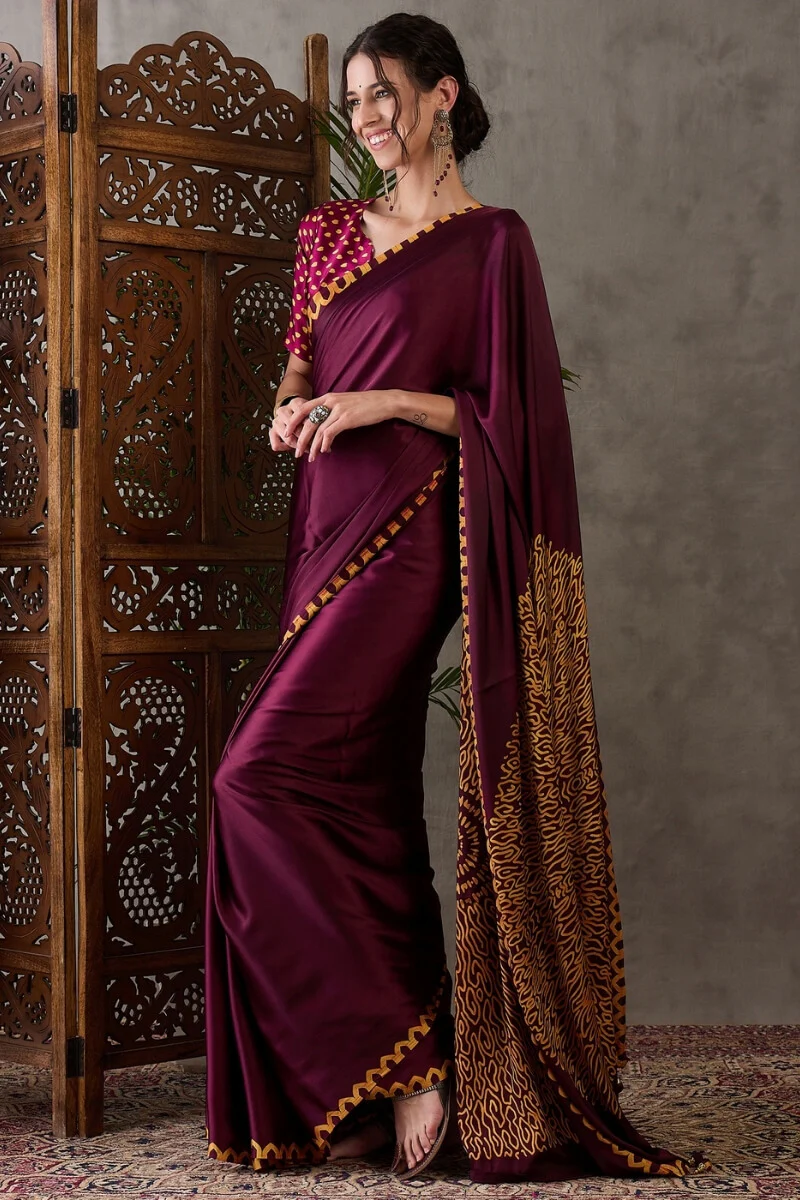 Beleaguer Wine Ajrakh Printed Semi Modal Silk Saree With Skinny Blouse Piece - Image 3