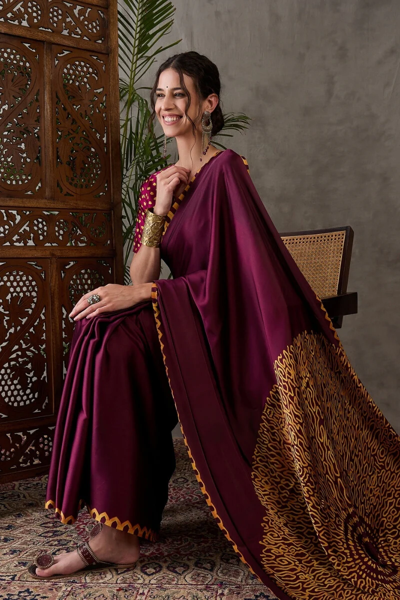 Beleaguer Wine Ajrakh Printed Semi Modal Silk Saree With Skinny Blouse Piece - Image 6