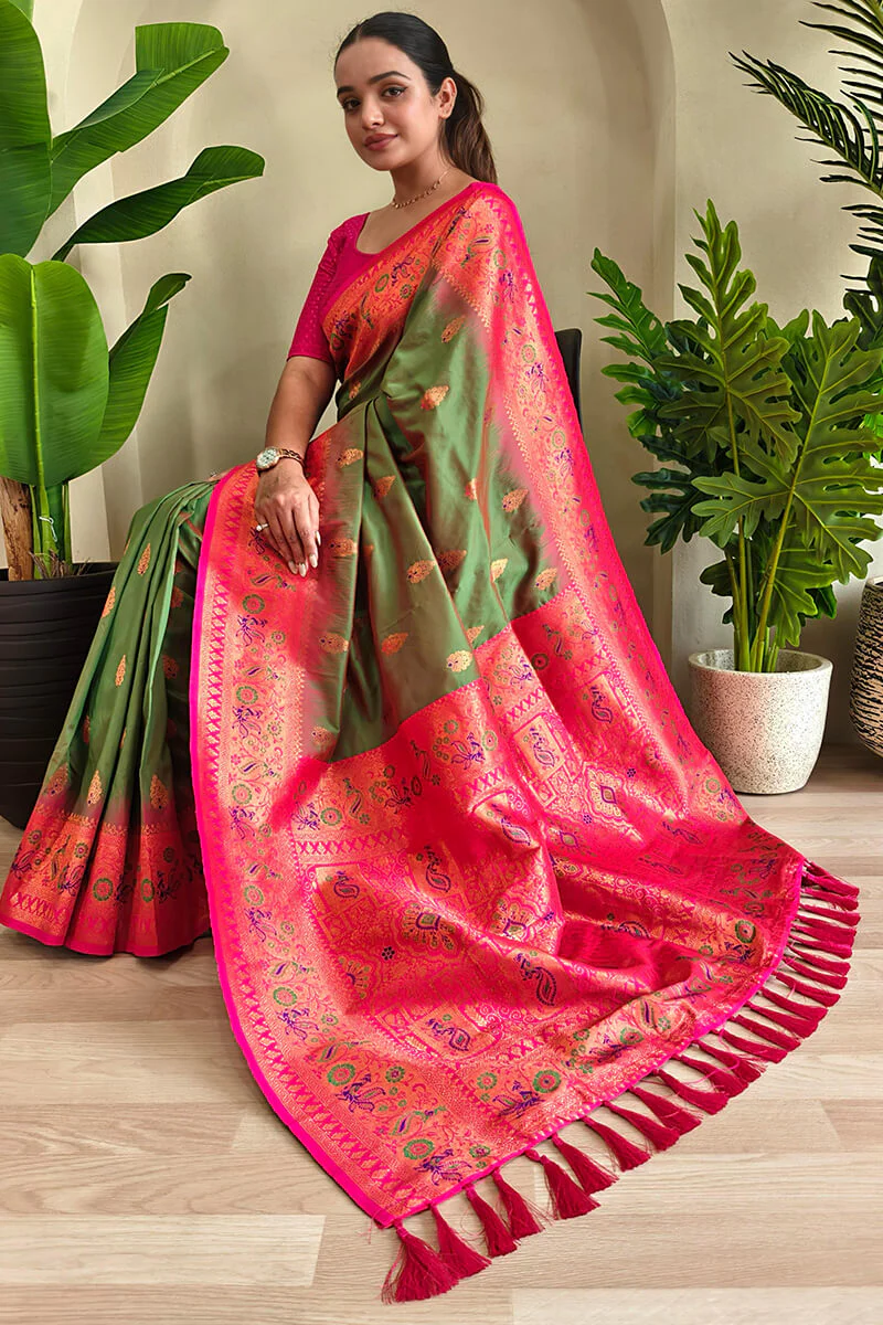 Bewitching Green Soft Banarasi Silk Saree With Embrocation Blouse Piece - Image 3