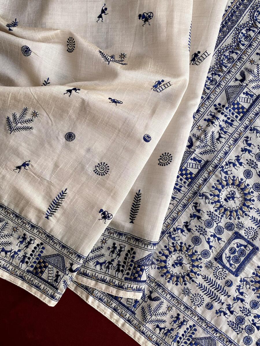 Bewitching Off White Embroidery Work Tussar Silk Saree With Aplomb Blouse Piece - Image 3