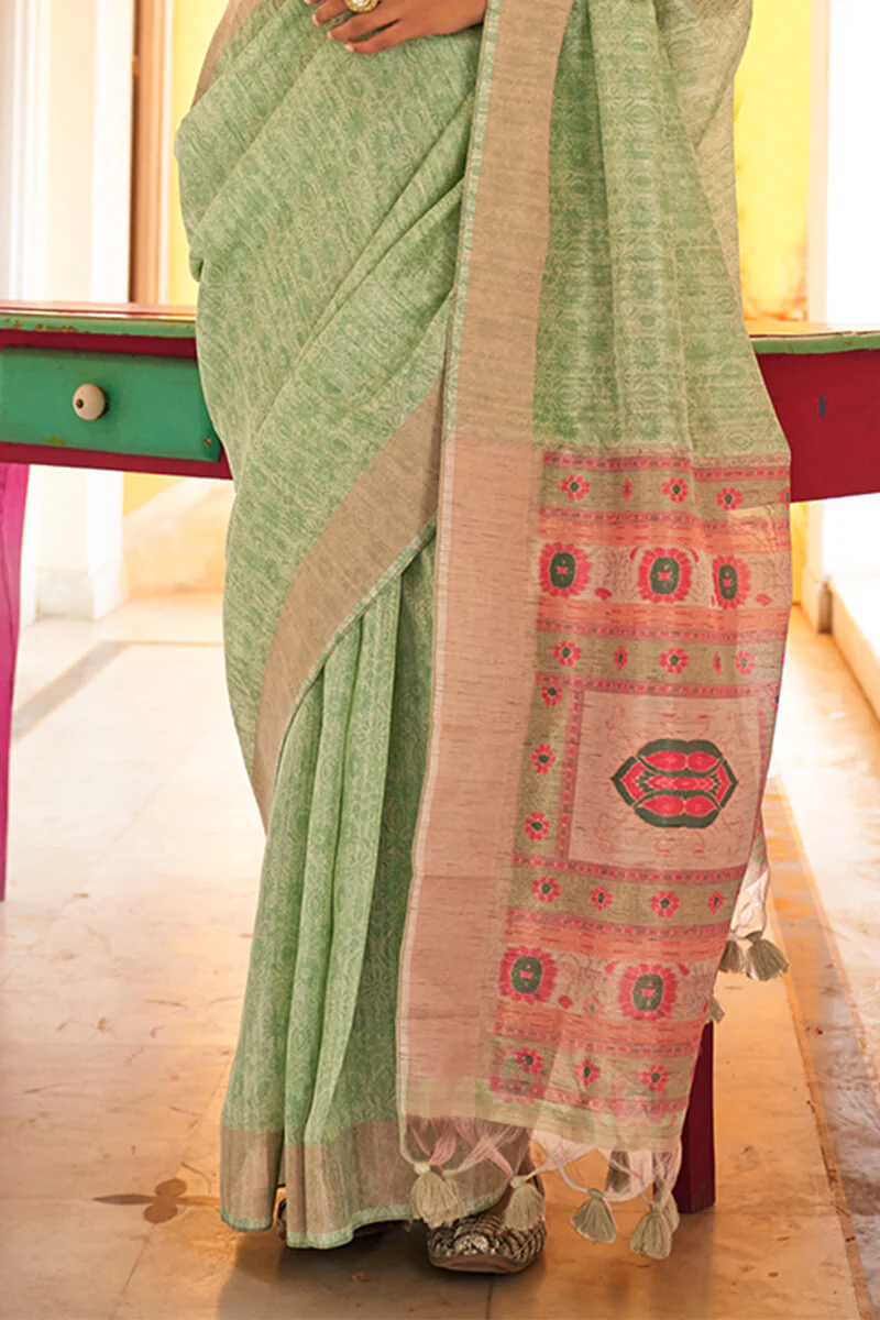 Bewitching Pista Cotton Silk Saree With Invaluable Blouse Piece - Image 3