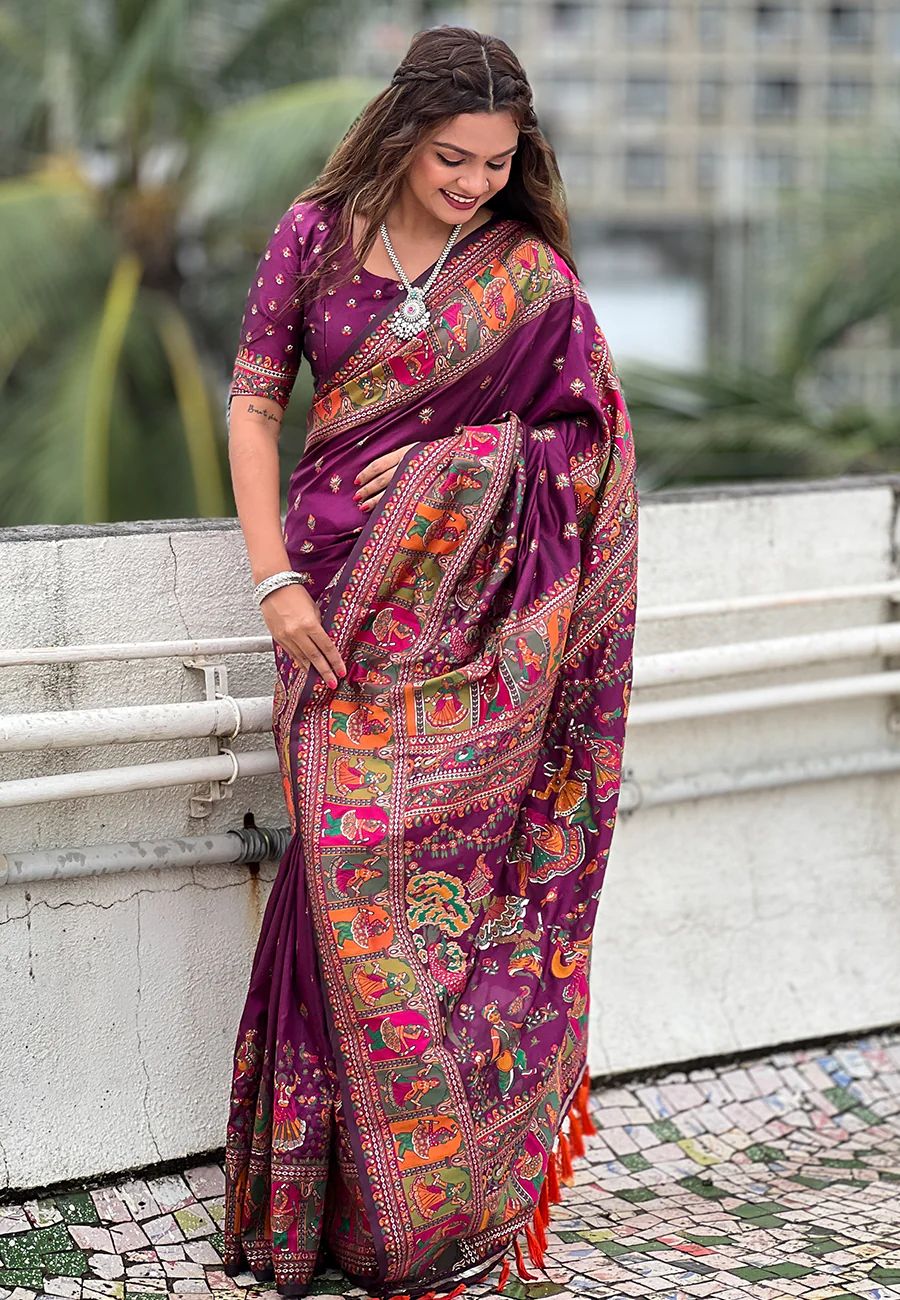 Bewitching Purple Nylon Dola Pashmina Saree With Mesmerising Blouse Piece - Image 3
