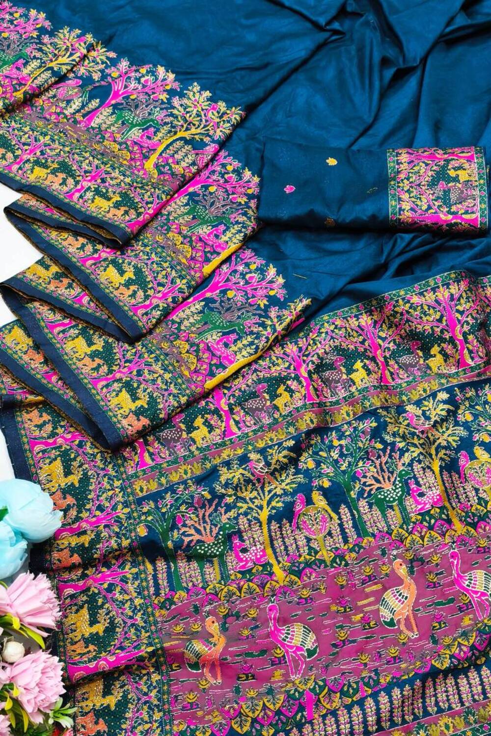 Blissful Blue Nylon Dola Pashmina Saree With Stylish Blouse Piece - Image 3