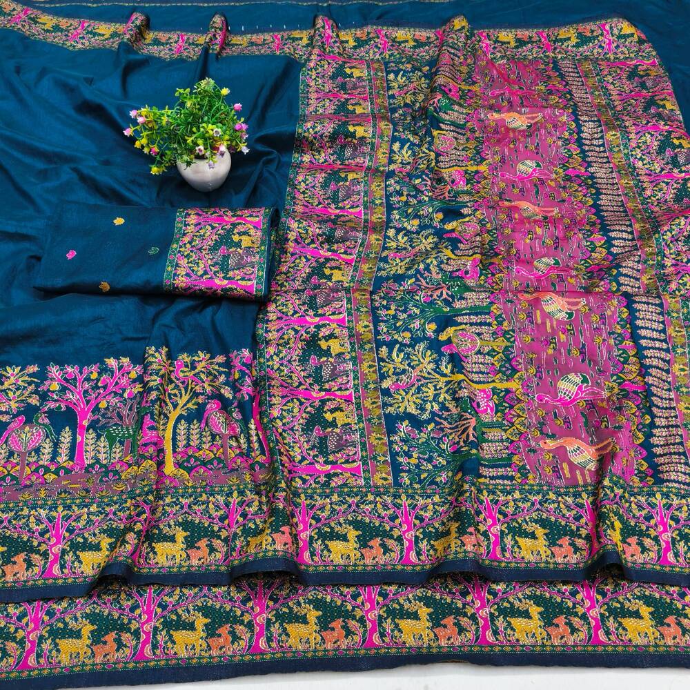 Blissful Blue Nylon Dola Pashmina Saree With Stylish Blouse Piece - Image 4
