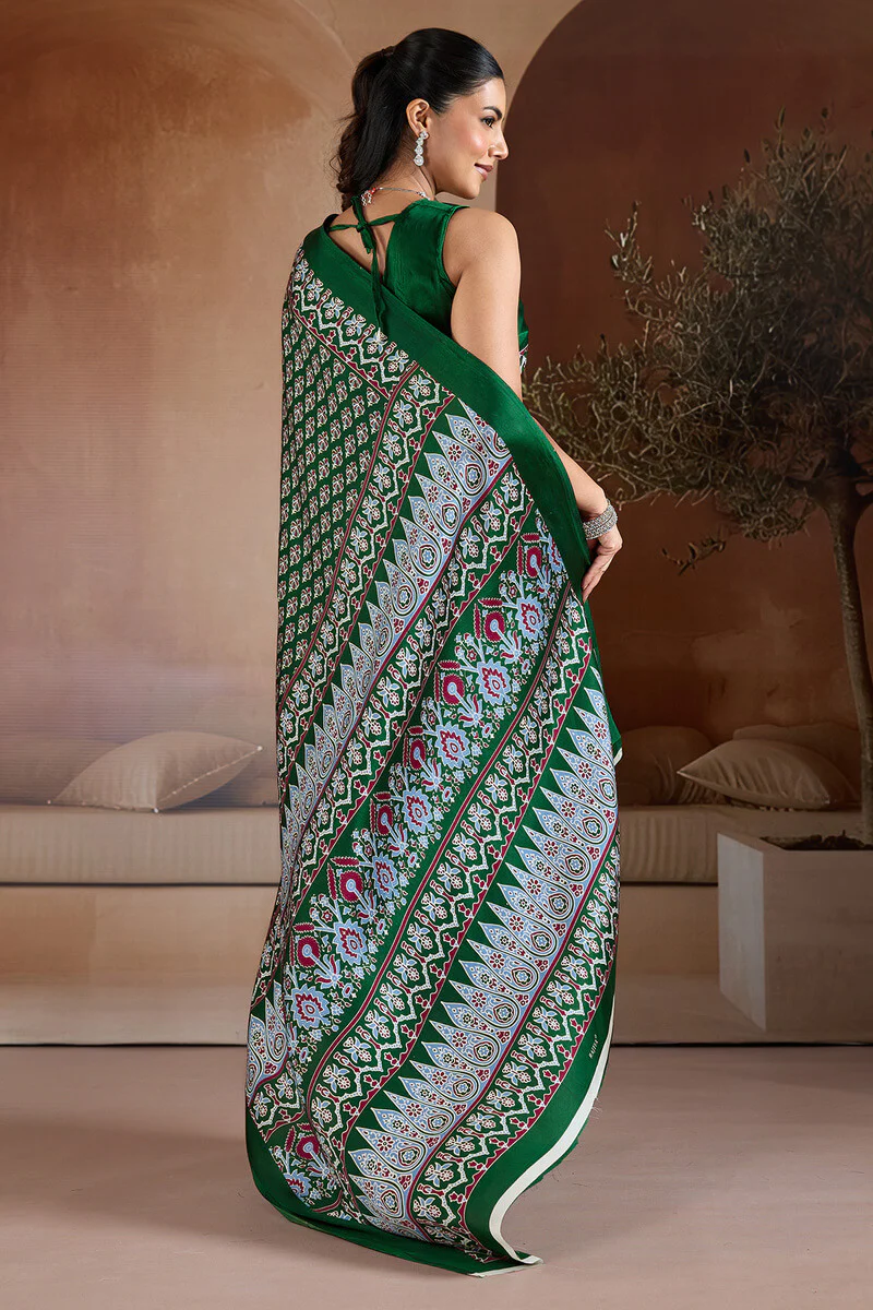 Blissful Dark Green Ajrakh Printed Satin Silk Saree With Unequalled Blouse Piece - Image 6
