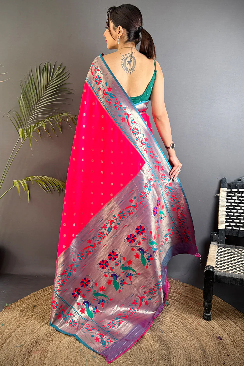 Blissful Dark Pink Paithani Silk Saree With Conflate Blouse Piece - Image 4