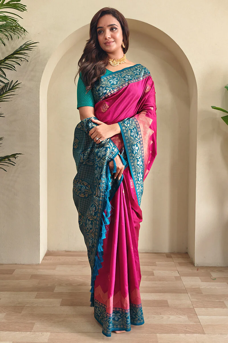 Blissful Dark Pink Soft Banarasi Silk Saree With Fancifull Blouse Piece - Image 2