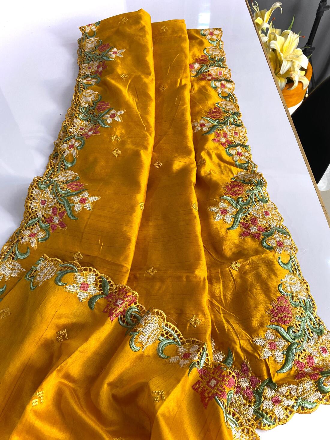 Blissful Mustard Embroidery Work Tussar Silk Saree With Preferable Blouse Piece - Image 4
