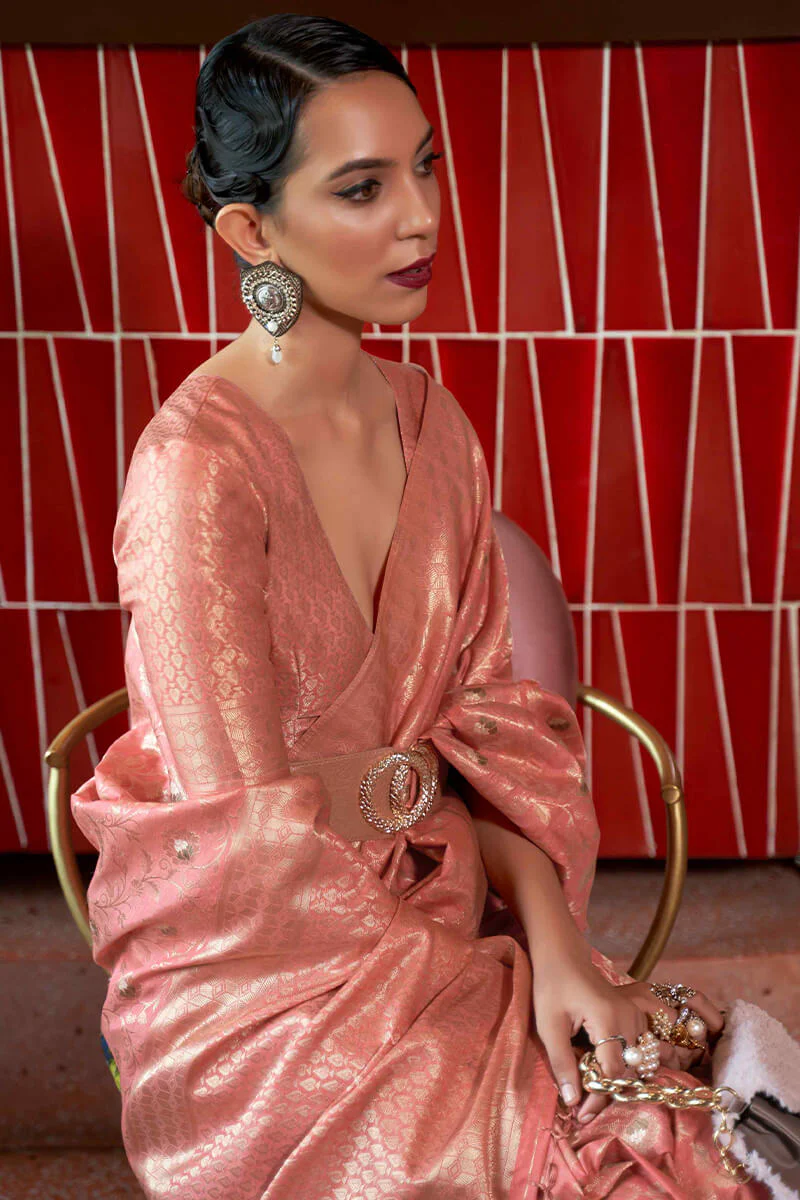 Blissful Peach Soft Banarasi Silk Saree With Entrancing Blouse Piece - Image 2