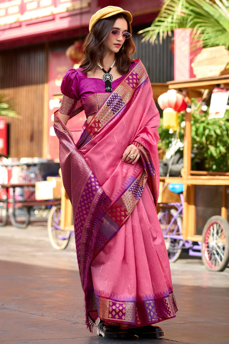 Blissful Pink Soft Banarasi Silk Saree With Dalliance Blouse Piece - Image 3