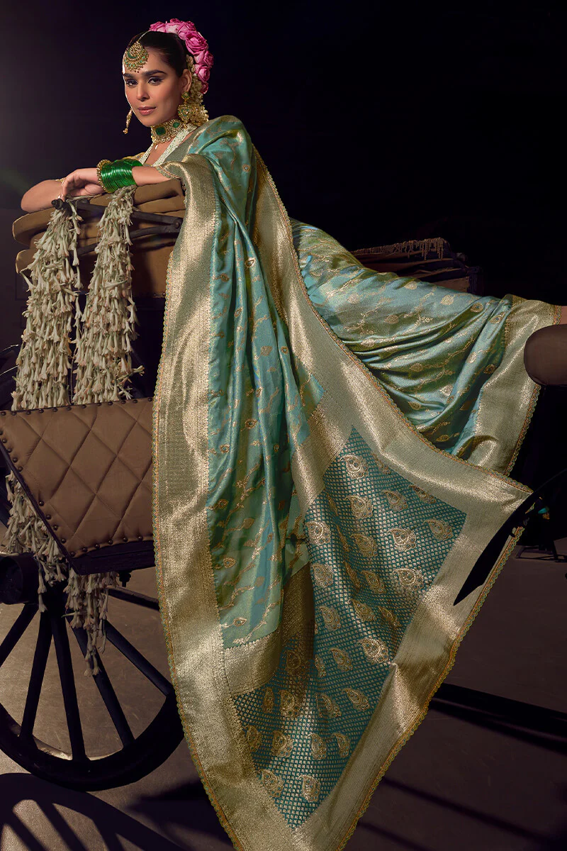 Blissful Sea Green Pure Viscose Tissue Banarasi Silk Saree With Glowing Blouse Piece - Image 2