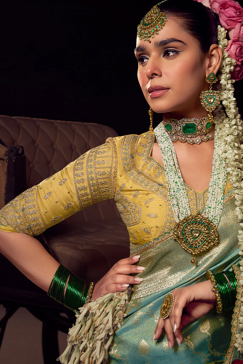 Blissful Sea Green Pure Viscose Tissue Banarasi Silk Saree With Glowing Blouse Piece - Image 3