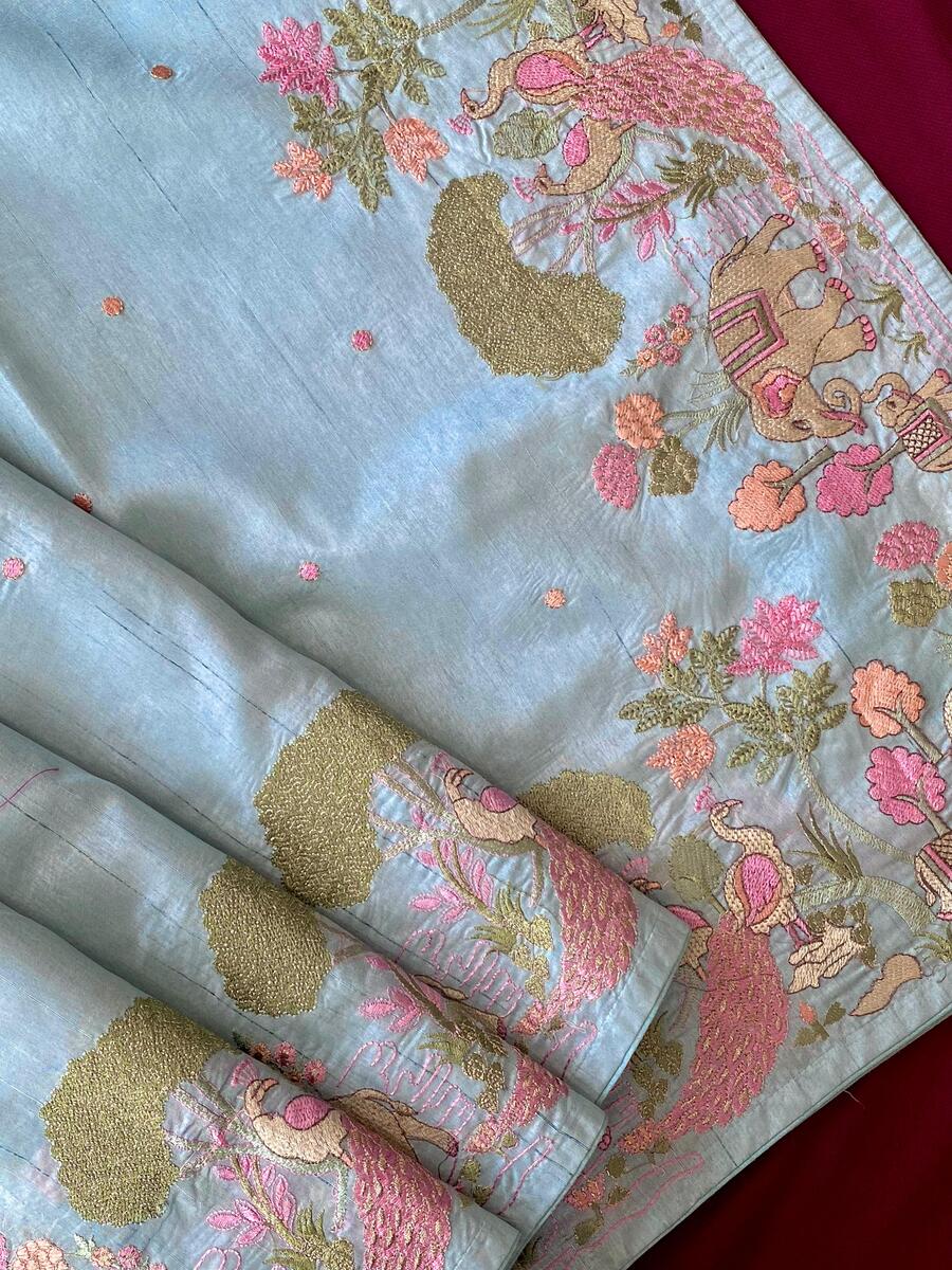 Blissful Sky Embroidery Work Tussar Silk Saree With Vibrant Blouse Piece - Image 3