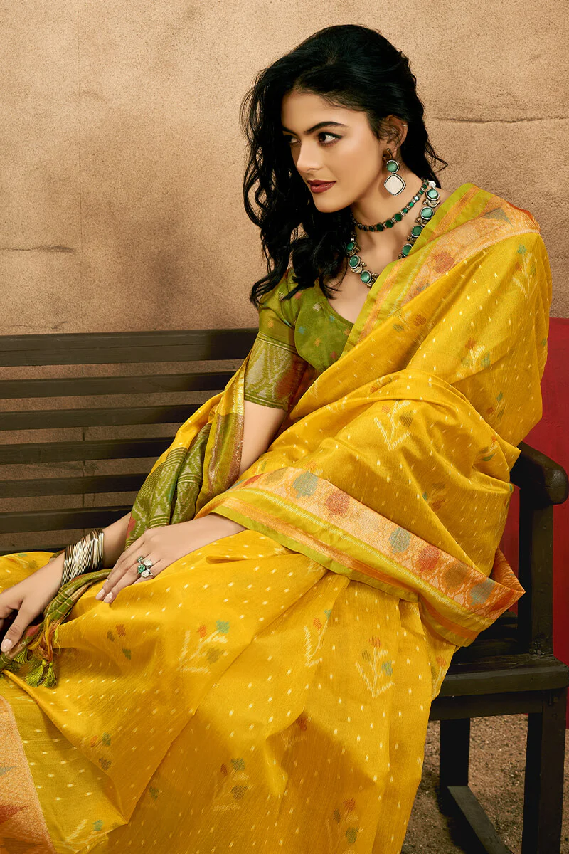 Blissful Yellow Soft Banarasi Silk Saree With Whimsical Blouse Piece - Image 2