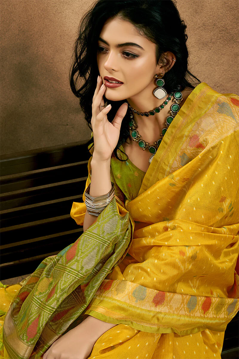 Blissful Yellow Soft Banarasi Silk Saree With Whimsical Blouse Piece - Image 3