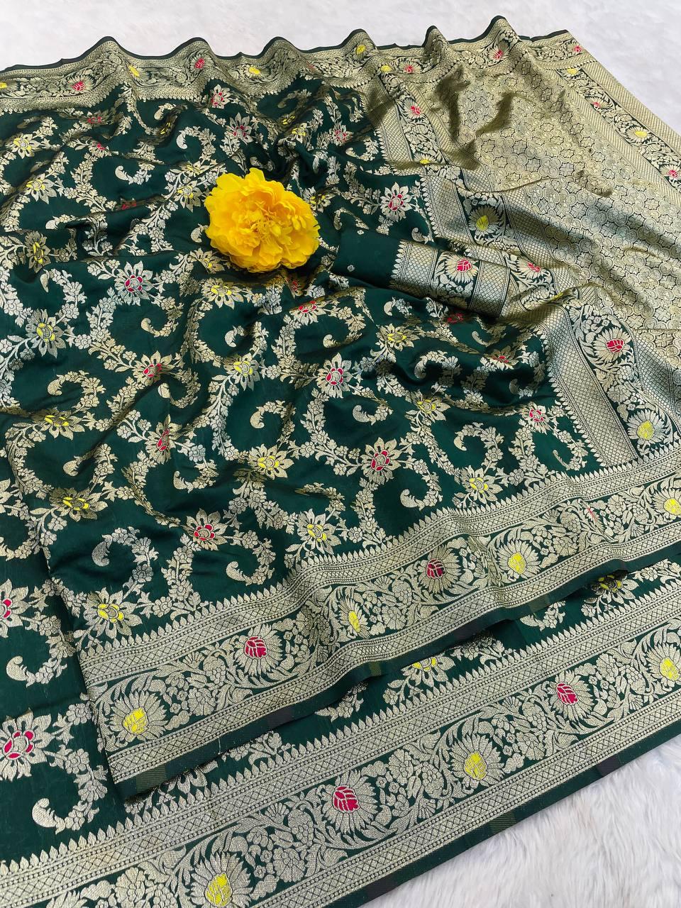 Blooming Dark Green Soft Banarasi Silk Saree With Captivating Blouse Piece - Image 2