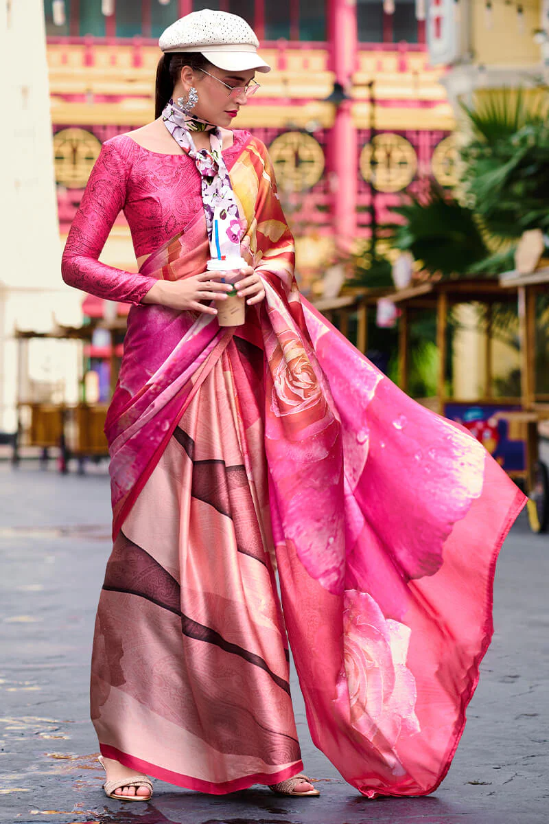Blooming Dark Pink Digital Printed Satin Silk Saree With Hypnotic Blouse Piece - Image 3