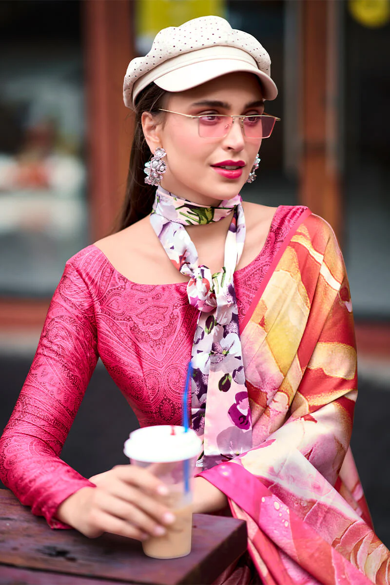 Blooming Dark Pink Digital Printed Satin Silk Saree With Hypnotic Blouse Piece - Image 4