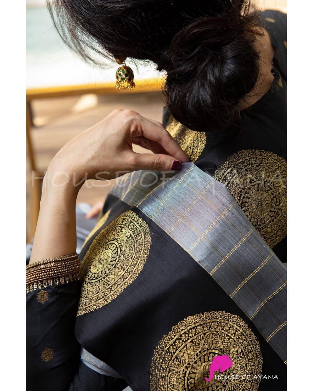 Blooming Grey Soft Banarasi Silk Saree With Intricate Blouse Piece - Image 3