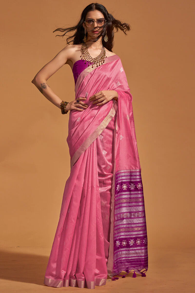 Blooming Pink Soft Banarasi Silk Saree With Delightful Blouse Piece