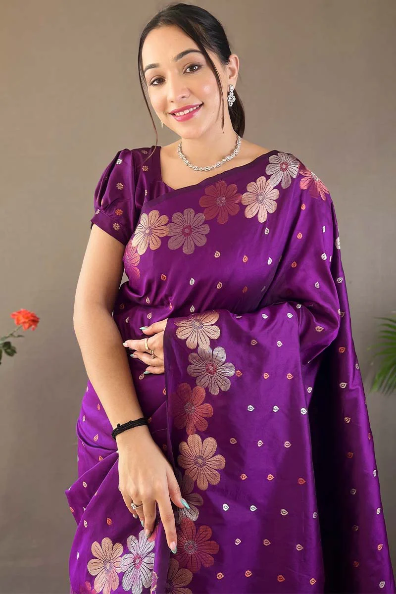 Blooming Purple Soft Banarasi Silk Saree With Hypnotic Blouse Piece - Image 2