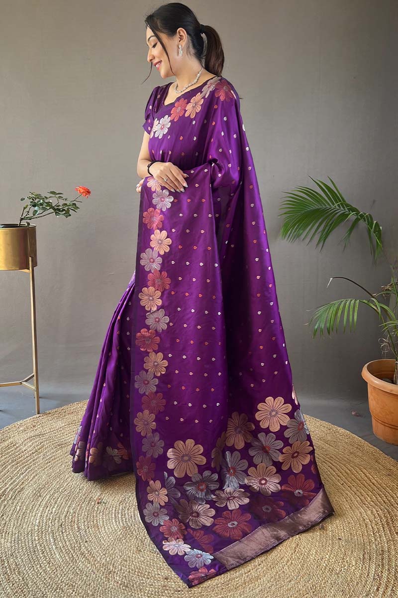 Blooming Purple Soft Banarasi Silk Saree With Hypnotic Blouse Piece - Image 3