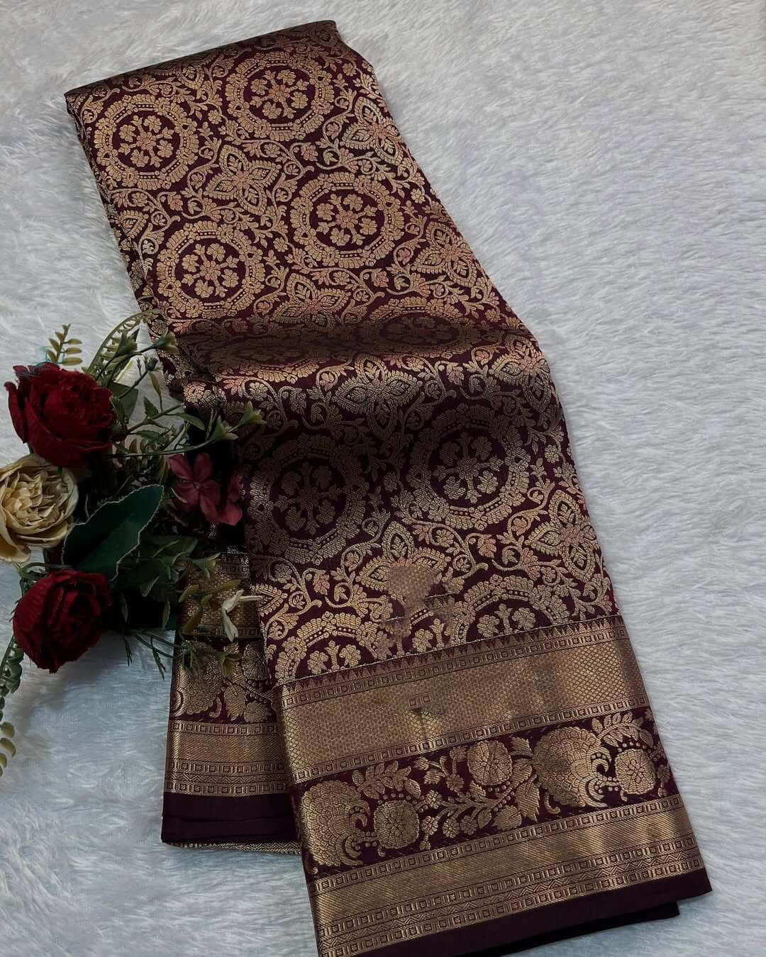 Blooming Wine Soft Banarasi Silk Saree With Blooming Blouse Piece - Image 2