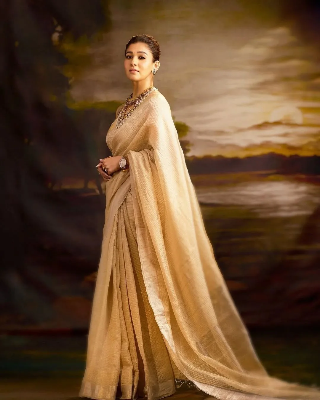 Bollywood Style Beige Soft Tissue Silk Saree With Imaginative Blouse Piece - Image 3