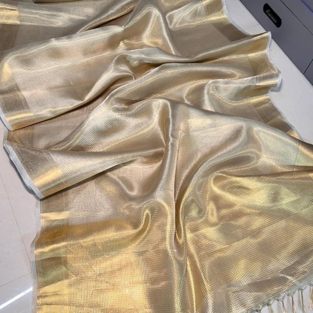 Bollywood Style Beige Soft Tissue Silk Saree With Imaginative Blouse Piece - Image 6
