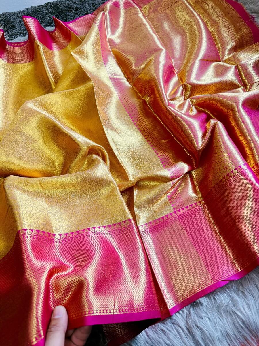 Bollywood Style Golden Soft Tissue Silk Saree With Artistic Blouse Piece - Image 2