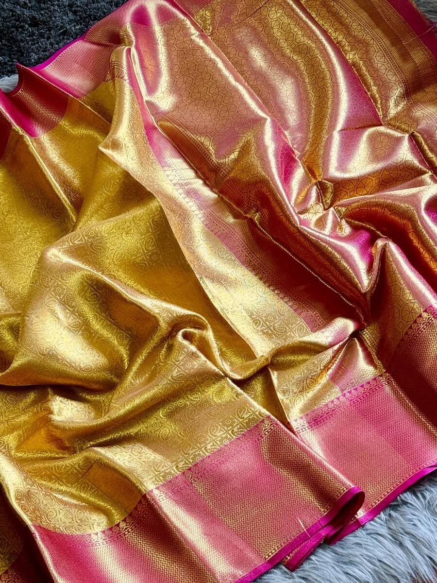 Bollywood Style Golden Soft Tissue Silk Saree With Artistic Blouse Piece - Image 6