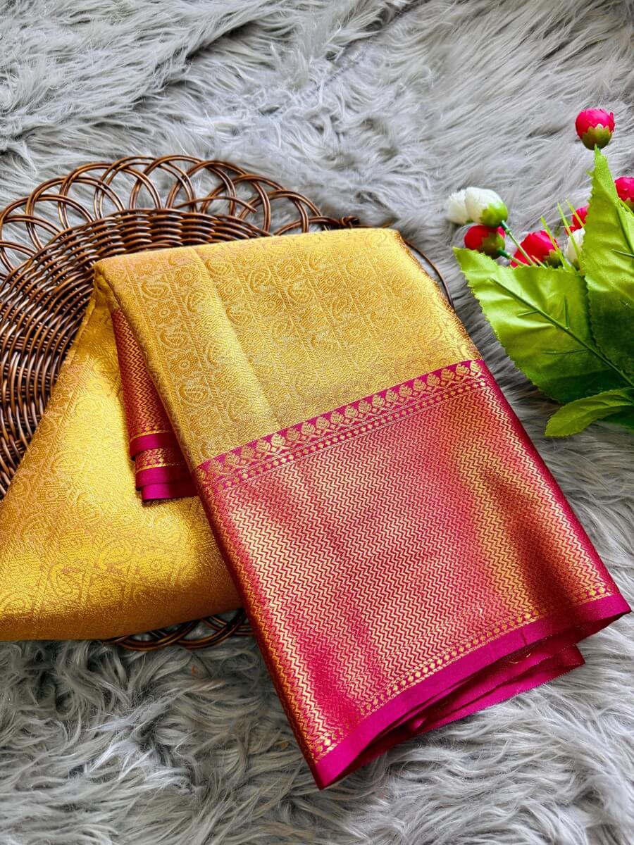 Bollywood Style Golden Soft Tissue Silk Saree With Artistic Blouse Piece - Image 7