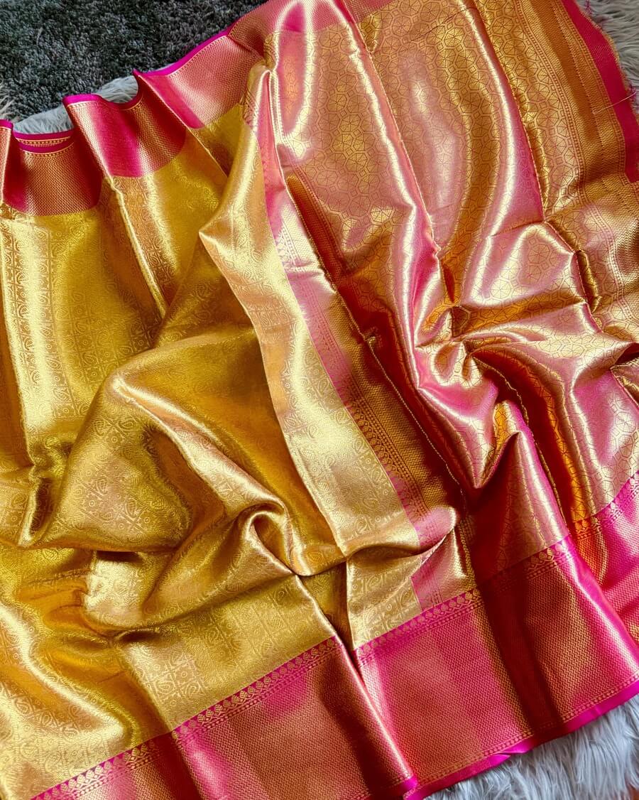 Bollywood Style Golden Soft Tissue Silk Saree With Artistic Blouse Piece - Image 8