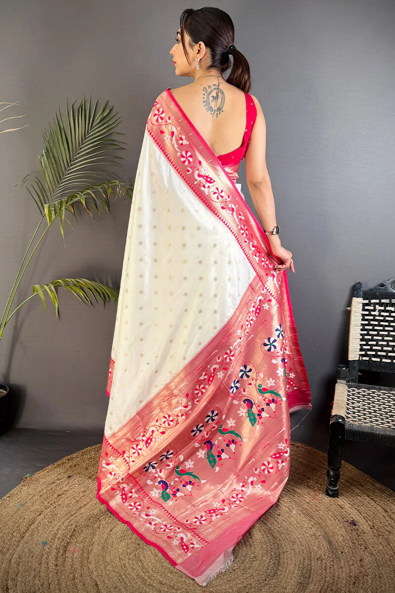 Breathtaking Beige Paithani Silk Saree With Intricate Blouse Piece - Image 4