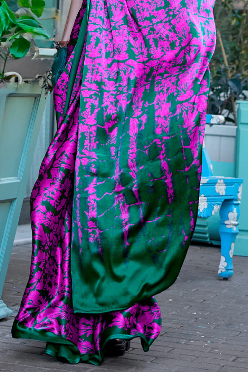 Breathtaking Magenta and Green Digital Printed Satin Silk Saree With Blissful Blouse Piece - Image 3