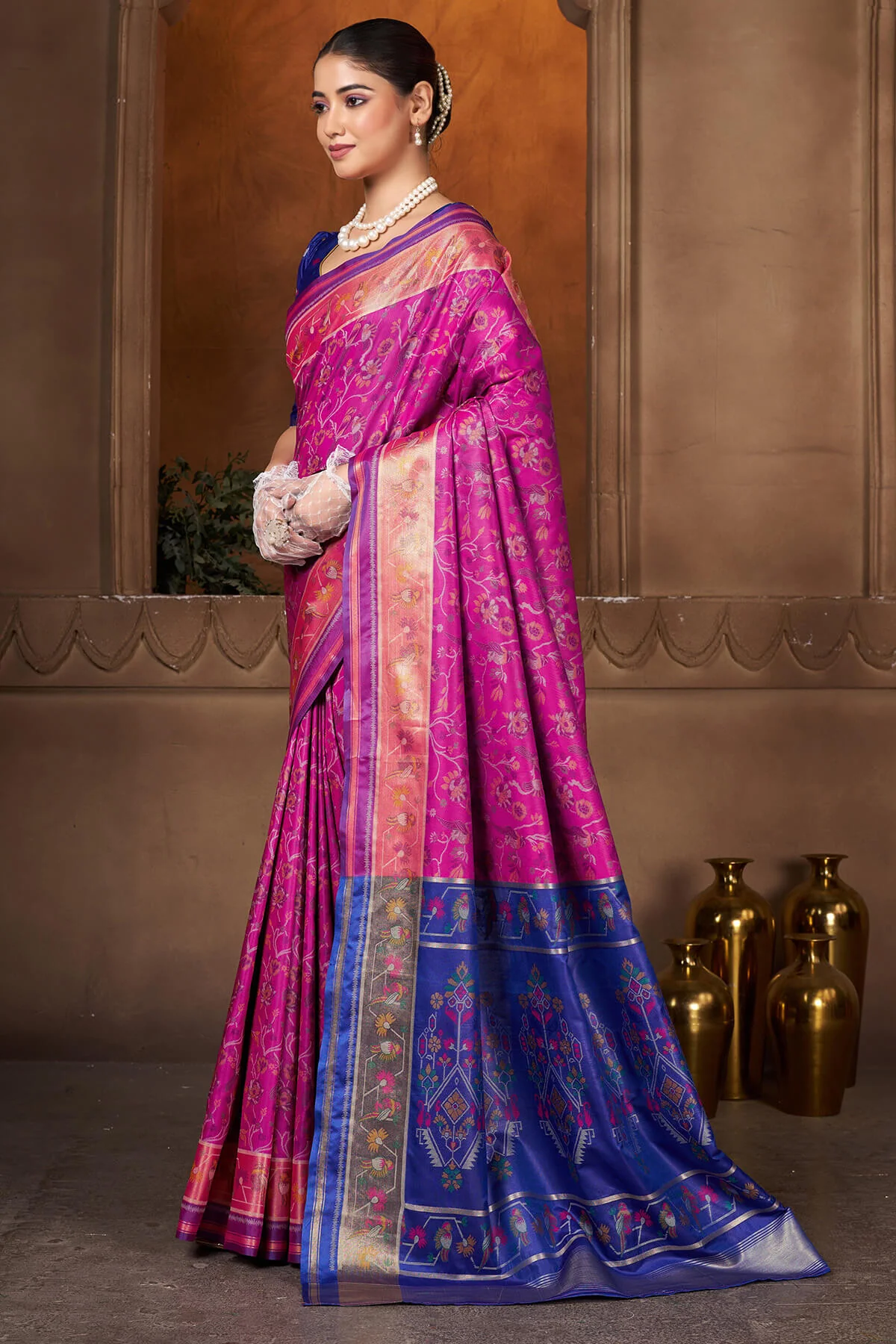 Breathtaking Magenta Paithani Silk Saree With Gossamer Blouse Piece - Image 3