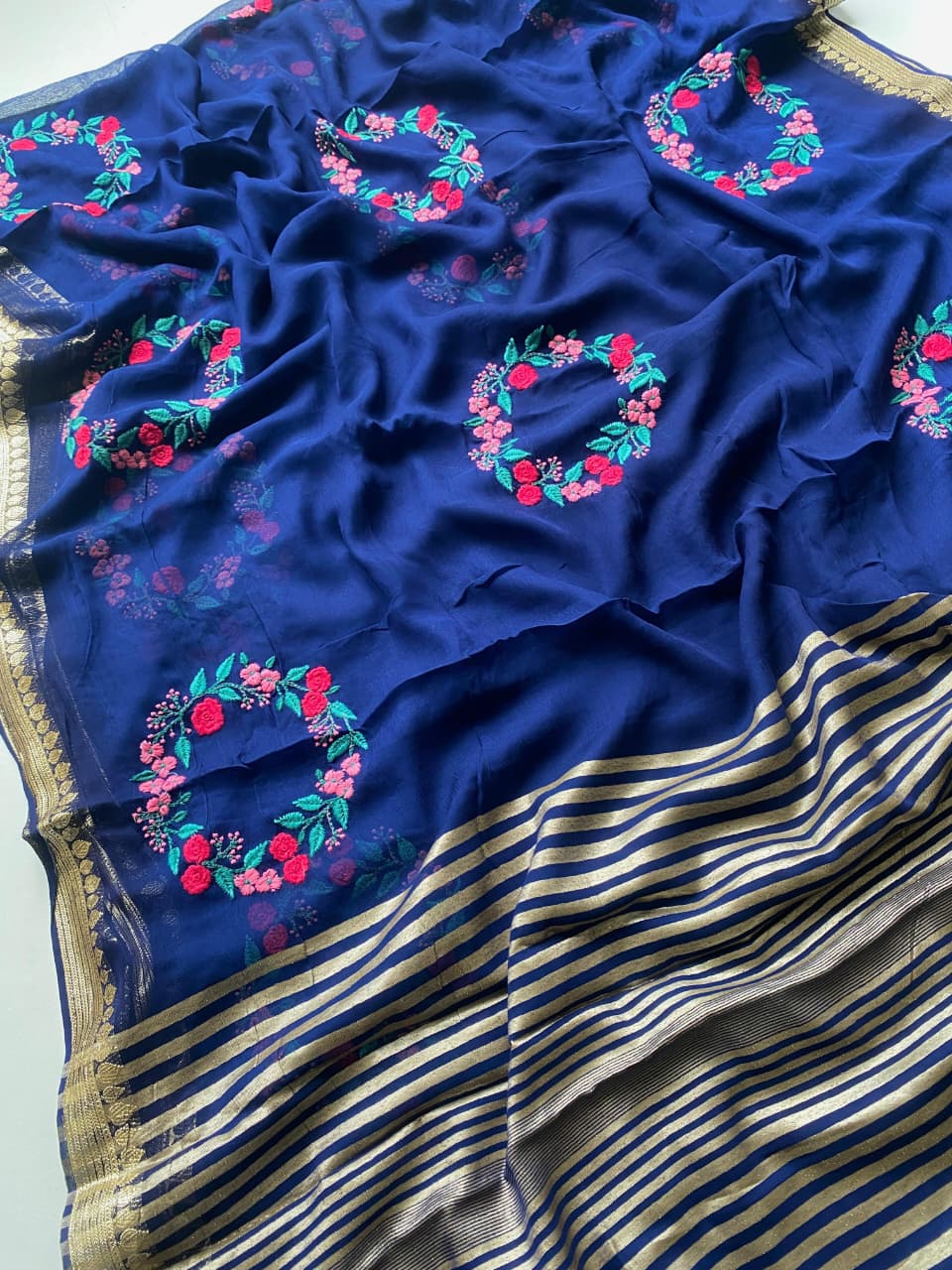 Breathtaking Navy Blue Embroidery Work Viscose Georgette Saree With Chatoyant Blouse Piece - Image 2