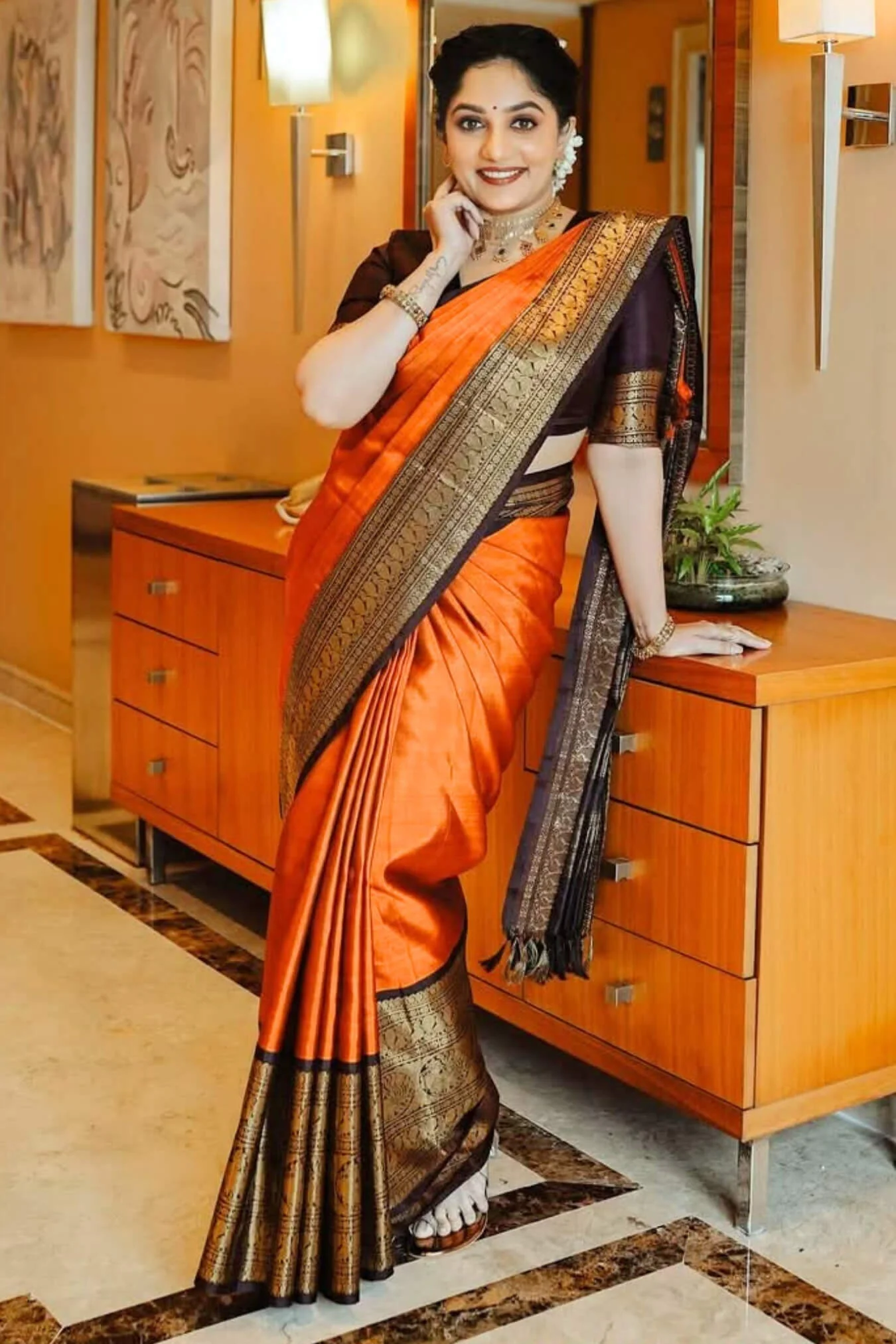 Breathtaking Orange Soft Silk Saree With Captivating Blouse Piece - Image 3