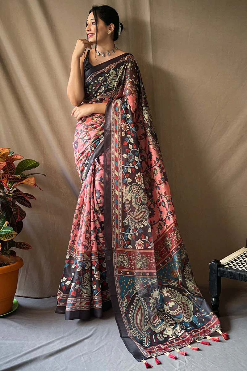 Breathtaking Pink Kalamkari Printed Saree With Dazzling Blouse Piece - Image 3